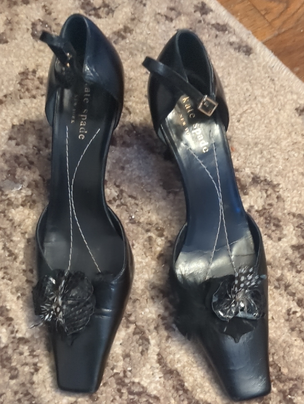 kate spade Black Leather Mary Jane Heels with Floral Detail
